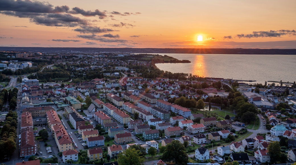 Panorama Skyline view from above Huskvarna city and Lake Vattern