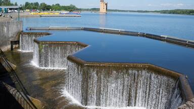 Waterfall at the manmade lake at Strathclyde Park, Lanarkshire, Scotland