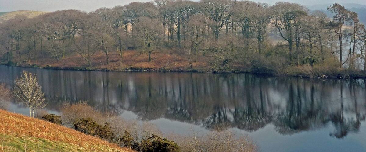A calm lake with reflections of trees and hills in the background.