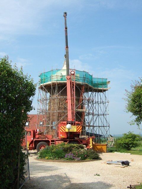 The converted windmill at Stanbridge, Bedfordshire. New cap being fitted.
