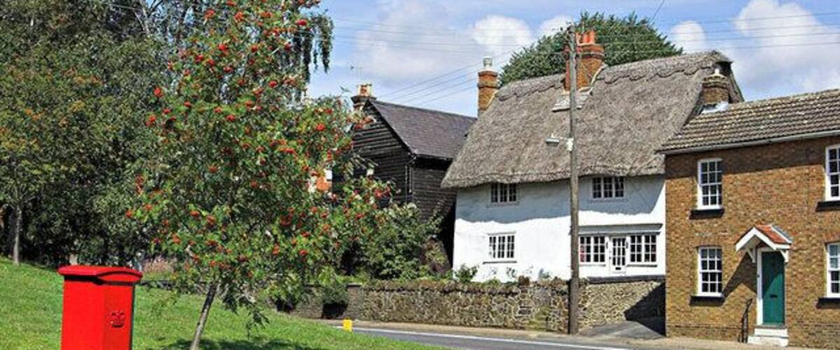 A rural street with traditional houses, a red post box, and a tree with red flowers.