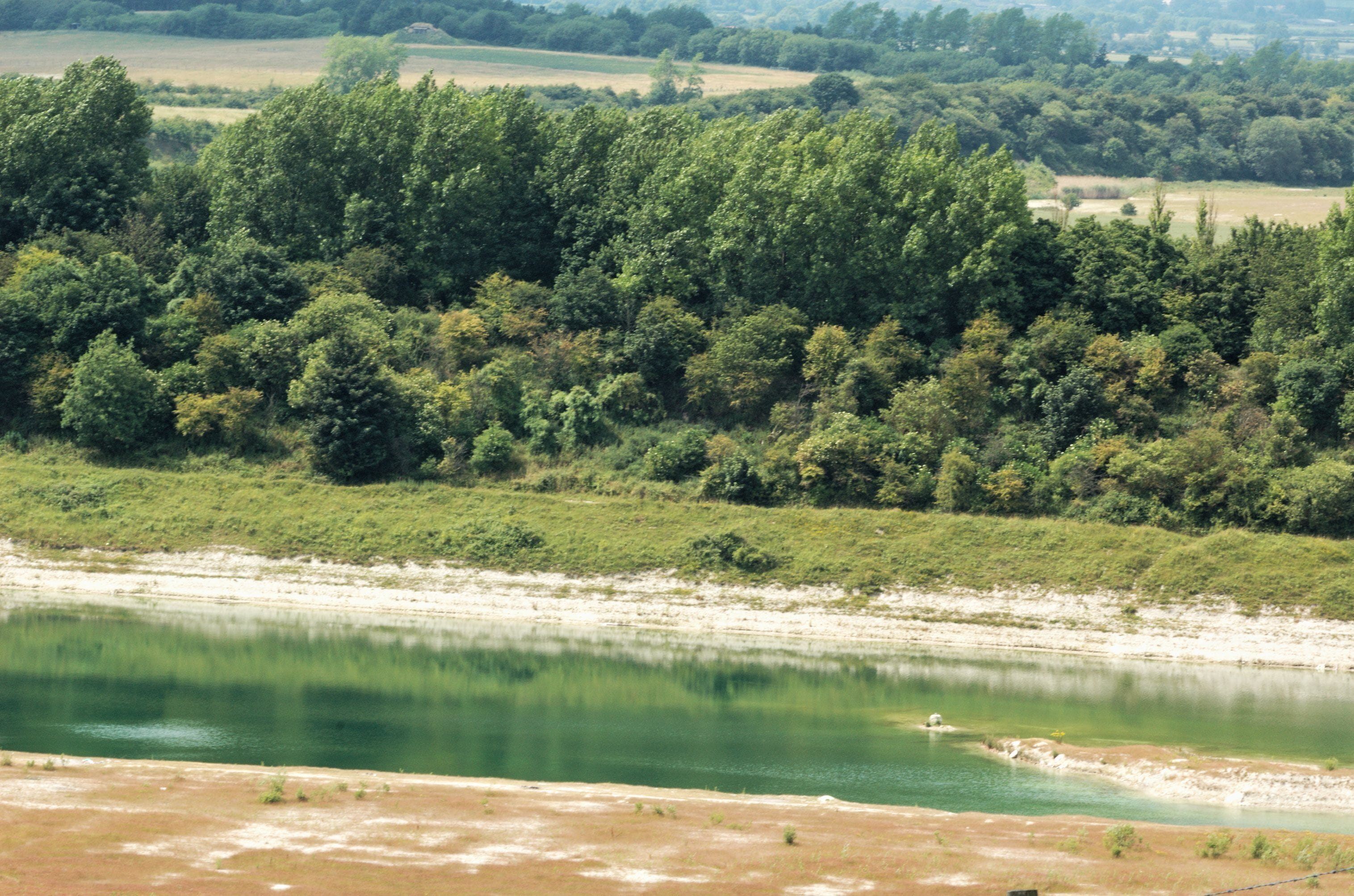 A chalk quarry lake on the Hertfordshire/Buckinghamshire boundary, seen from the Ridgeway.