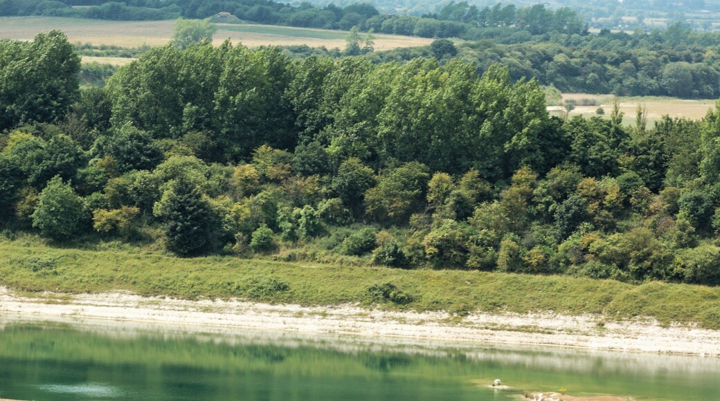 A chalk quarry lake on the Hertfordshire/Buckinghamshire boundary, seen from the Ridgeway.