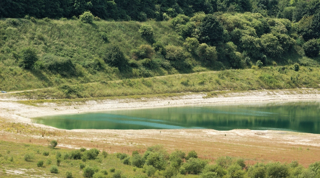 A chalk quarry lake on the Hertfordshire/Buckinghamshire boundary, seen from the Ridgeway.