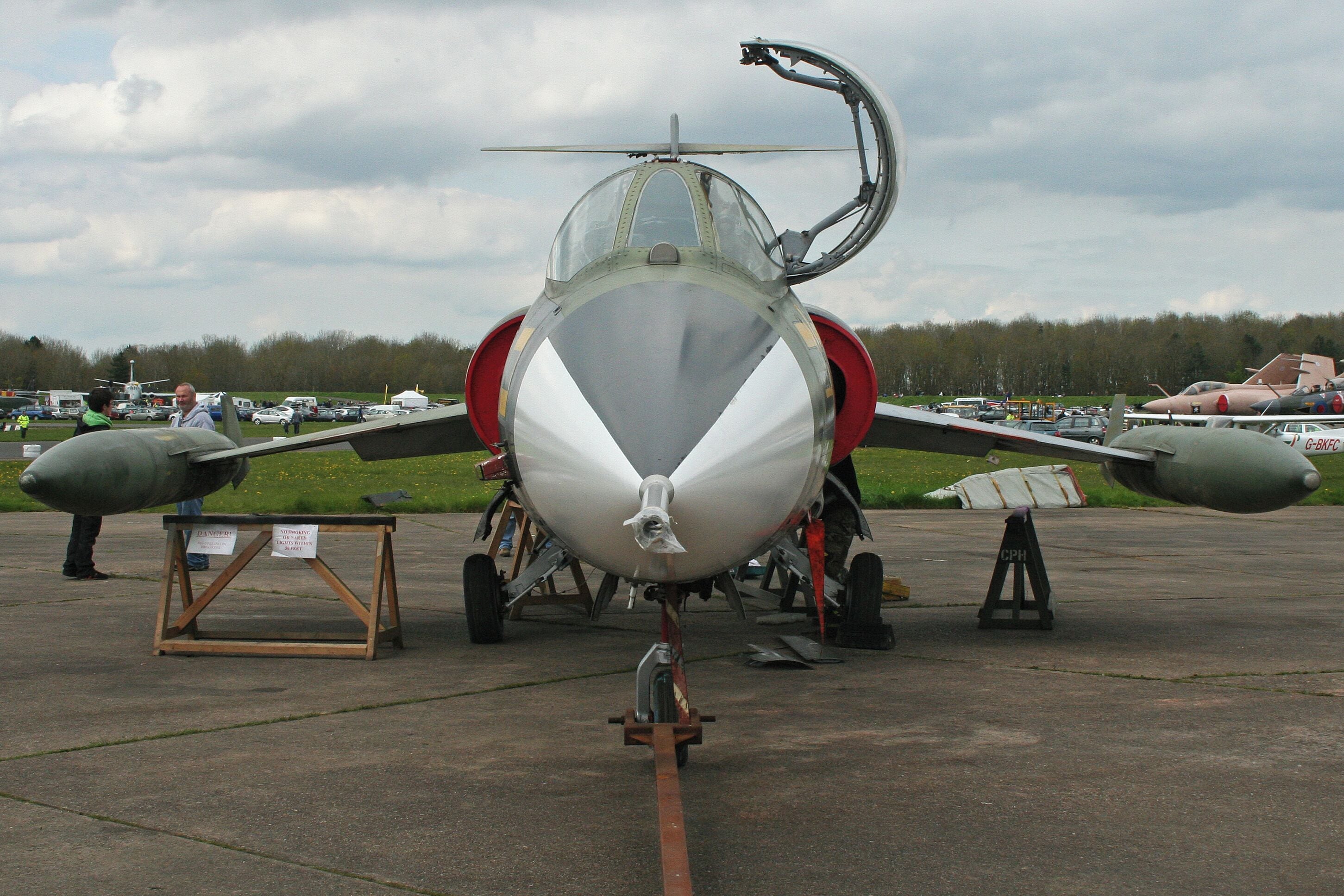 Quite literally the 'pointy' end!! Still with trestles under both wings as these had only been re-hung earlier in the day. Previous identities with the West German AF are 'KE+413' and 'DD+105'. msn 683-7113. Seen during the 2012 Cold War Jets Day. Bruntingthorpe. 06-5-2012