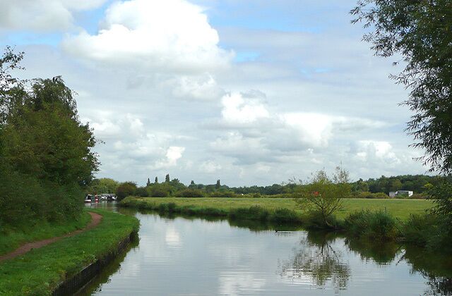 Staffordshire and Worcestershire Canal north of Penkridge, Staffordshire The M6 can be seen beyond the pasture land to the right.