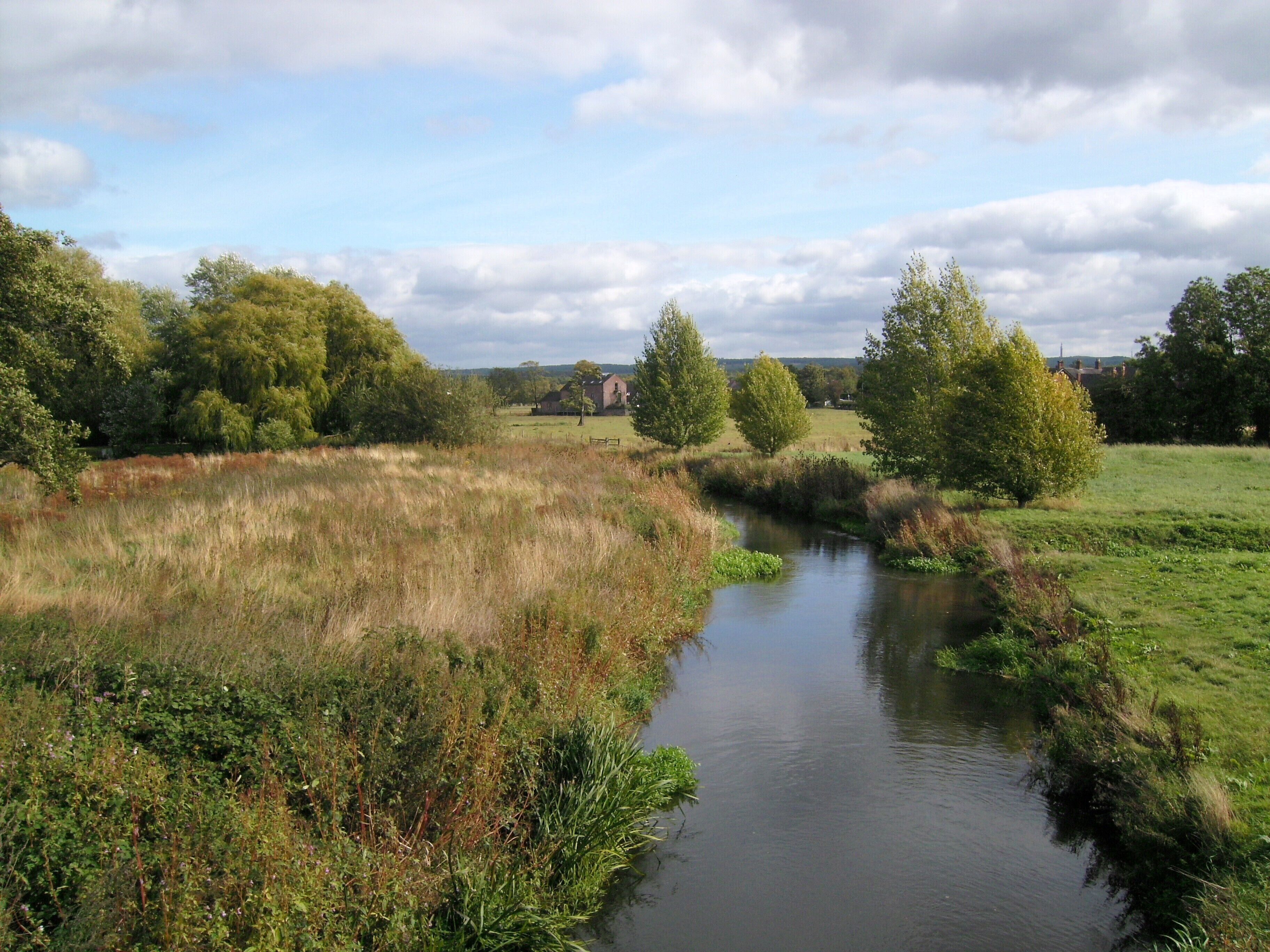 A river meandering through a rural landscape with trees and open fields.