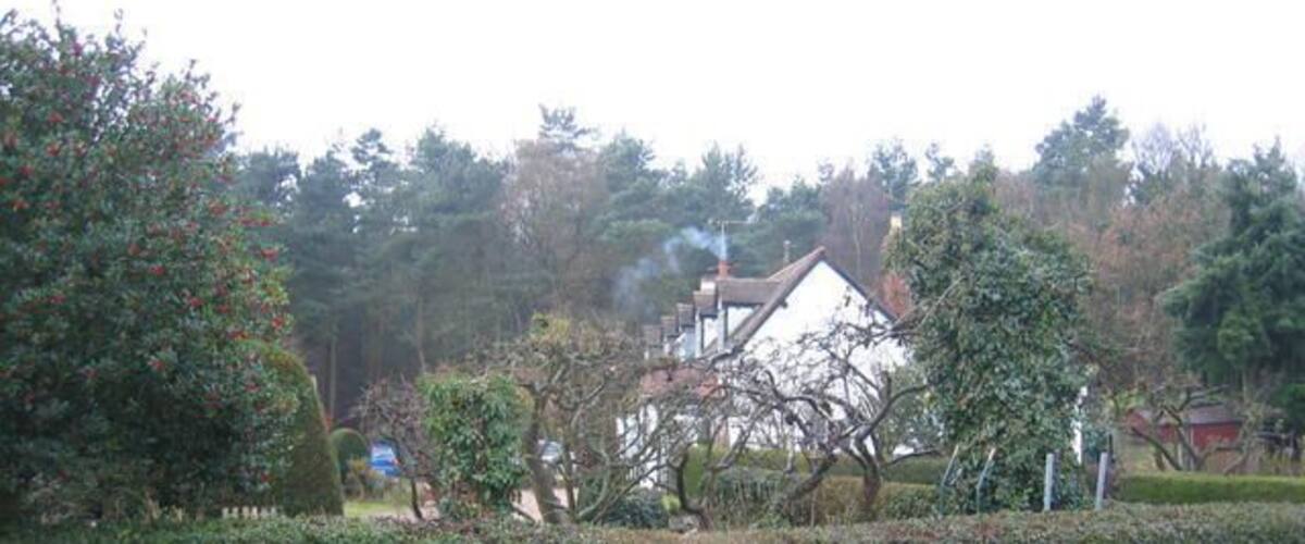A white house with a chimney, surrounded by hedges and trees.