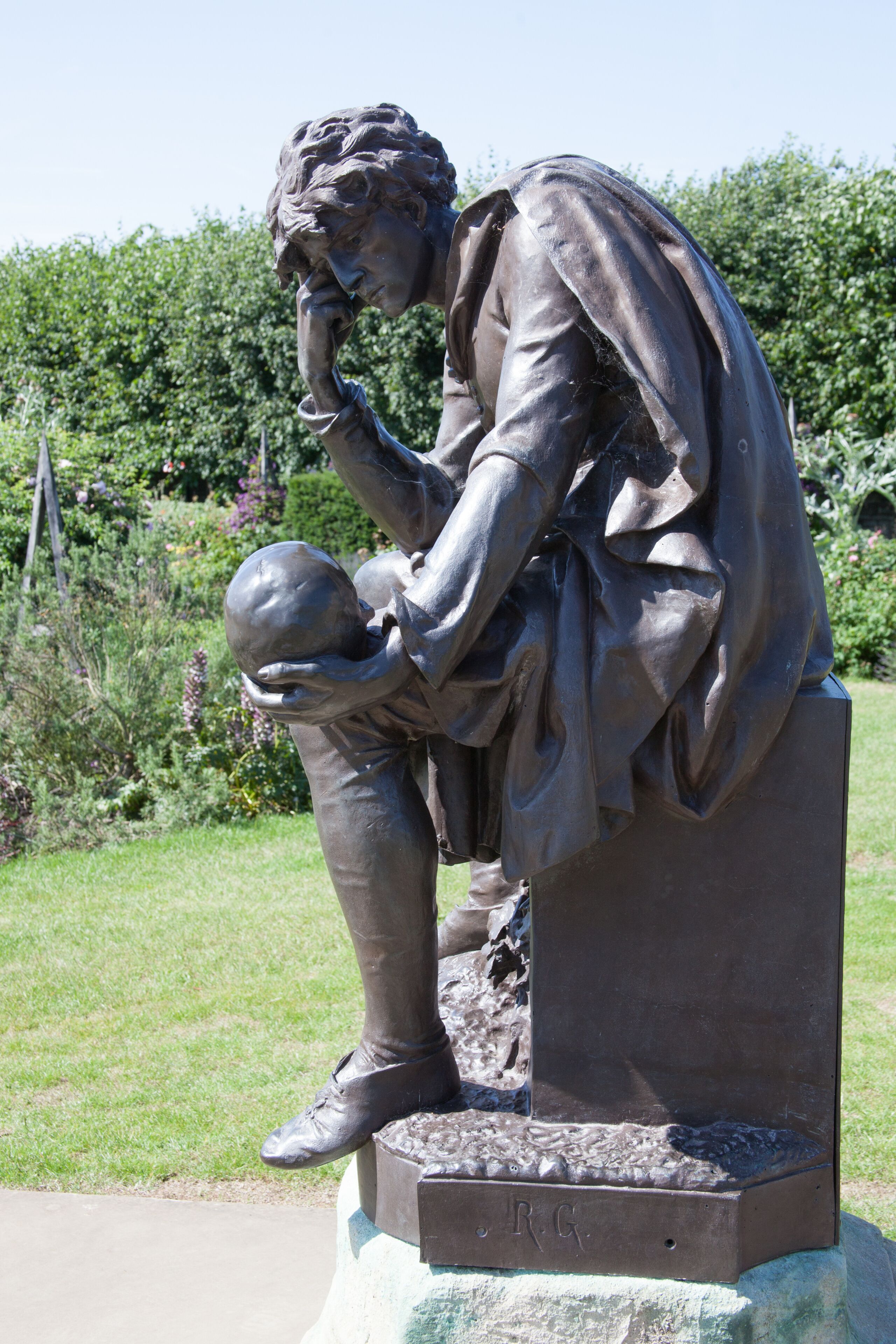 A Statue of Hamlet at The William Shakespeare Memorial at Bancroft Gardens in Stratford upon Avon in Warwickshire in the UK