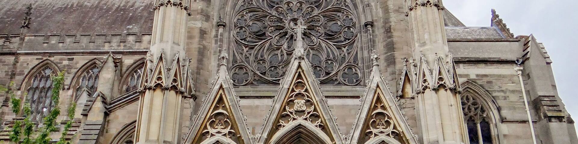 A Gothic cathedral with intricate stonework and pointed arches.