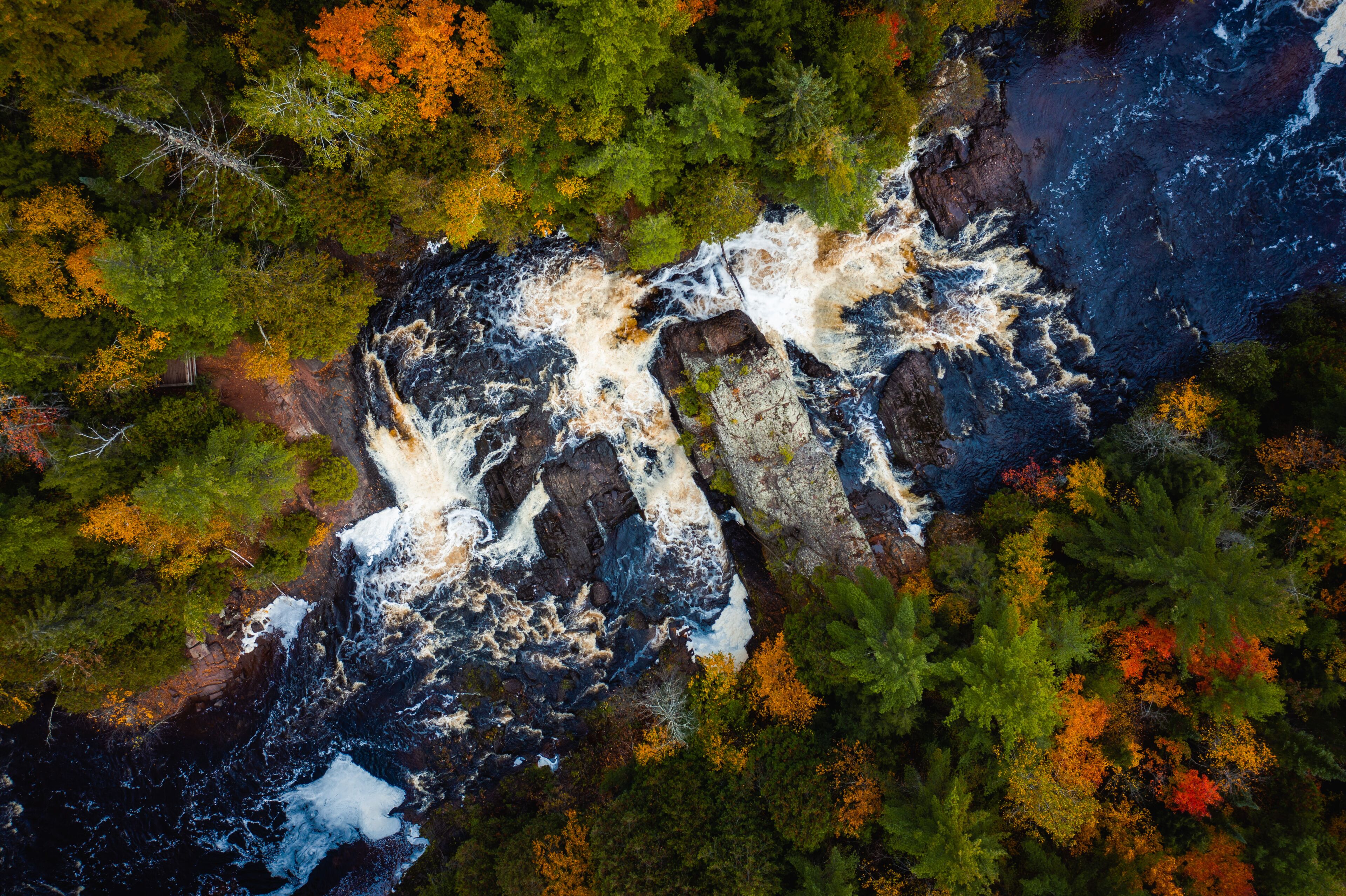 A river flowing through a forest with autumn-colored trees and rocky terrain.