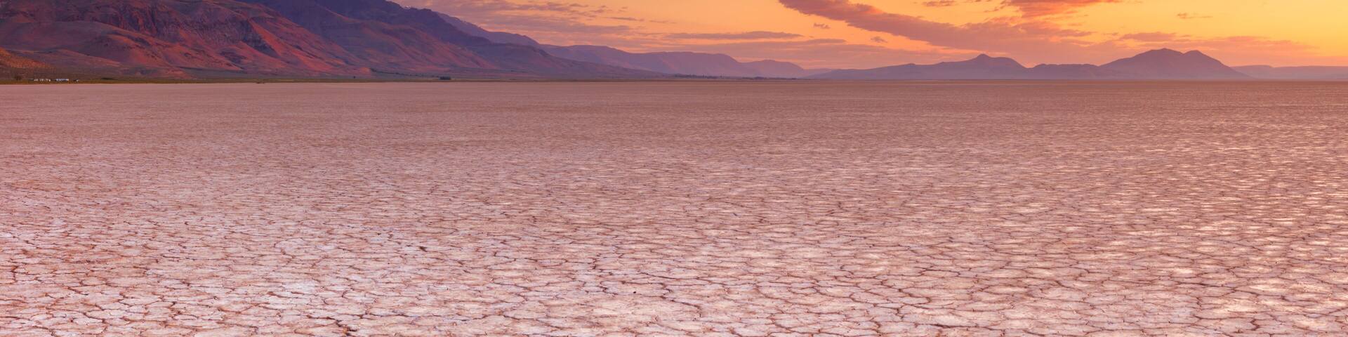Cracked earth in remote Alvord Desert, Oregon, USA at sunrise