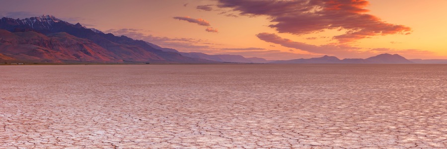 Cracked earth in remote Alvord Desert, Oregon, USA at sunrise