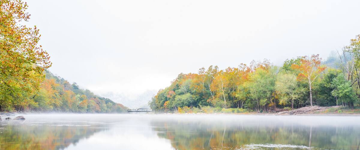 A calm lake with autumn foliage and a misty forest in the background.