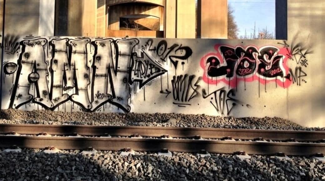 The underside of the tracks. The R7 barrels by beneath while freight trains truck above.