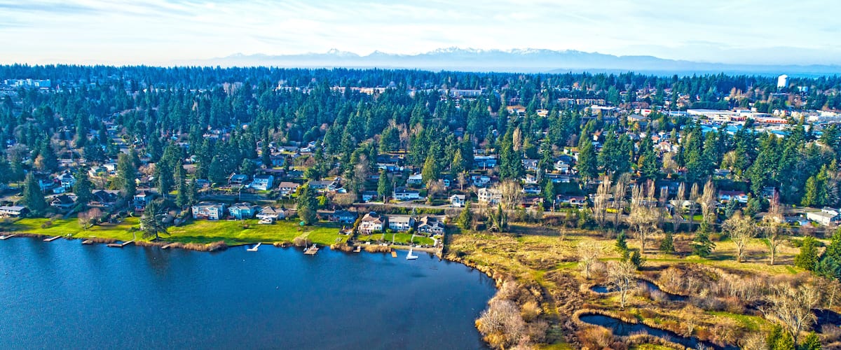 A lakeside residential area with houses, dense forests, and mountains in the background.