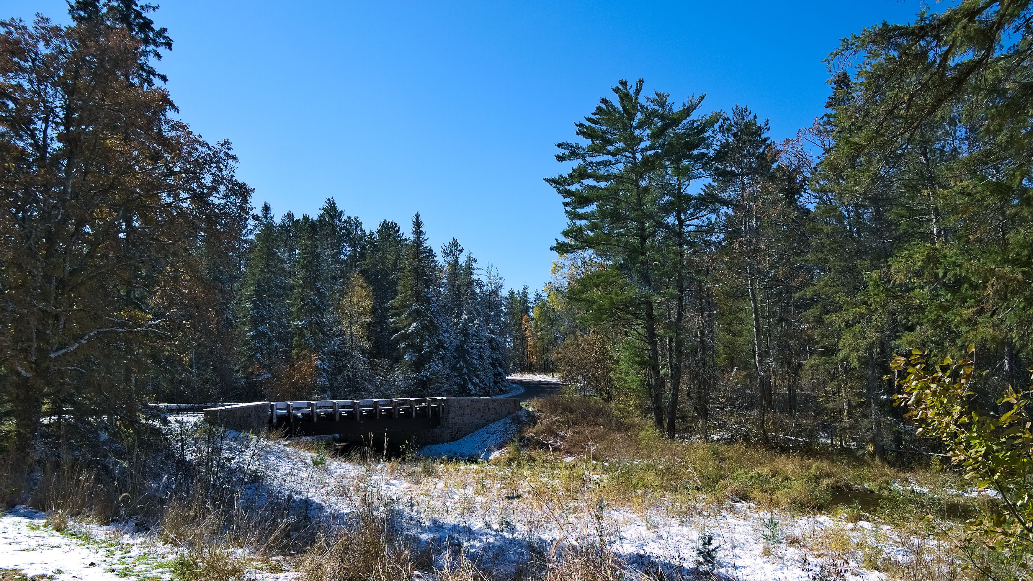 First bridge over Mississippi River is seen about 500 yards from the source, Lake Itasca, near the north entrance of Lake Itasca State Park in Minnesota.