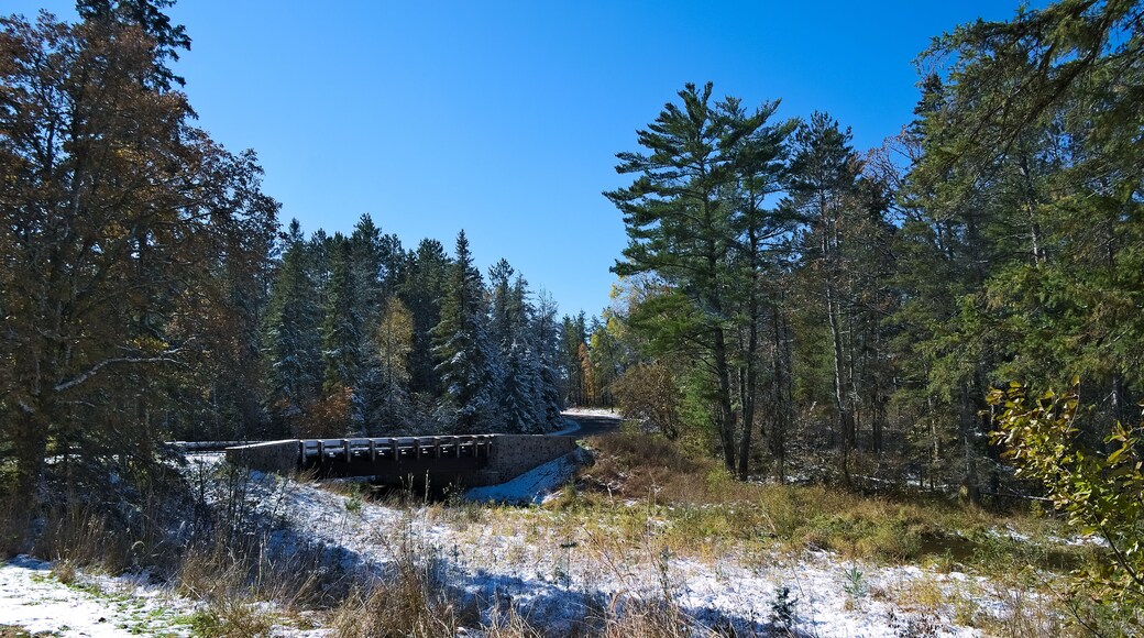 First bridge over Mississippi River is seen about 500 yards from the source, Lake Itasca, near the north entrance of Lake Itasca State Park in Minnesota.