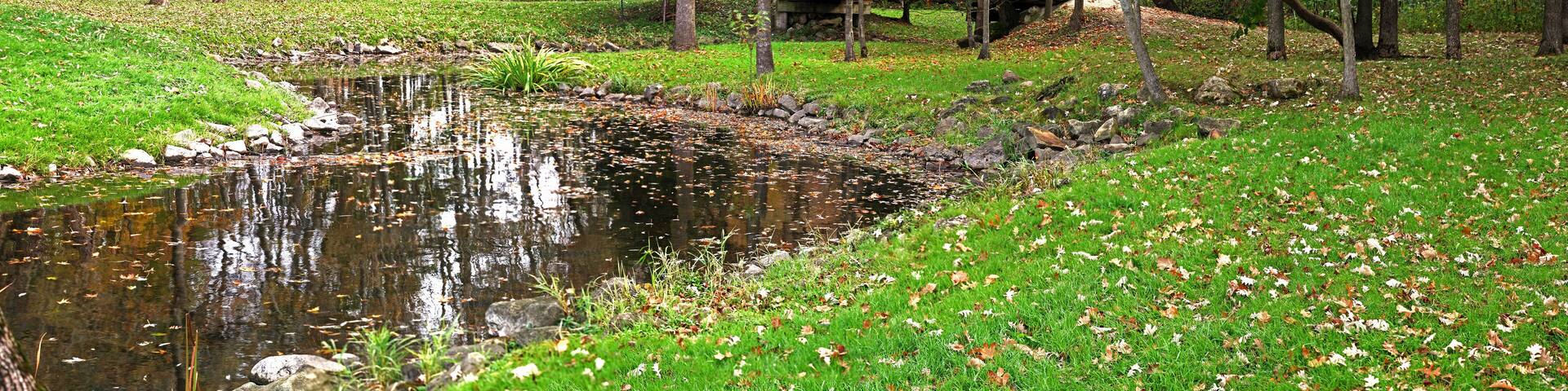 Rural County Park Wisconsin, stream winding through a woods and prairie, with a small foot bridge in the background. Panorama