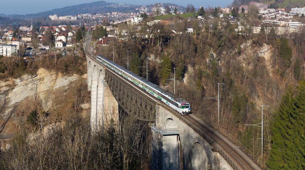 A Voralpenexpress service from St. Gallen to Lucerne operated by Südostbahn is crossing the Sitter viaduct near St. Gallen, Switzerland. The train consists of two RBDe 561 "NPZ" EMUs and six Revvivo coaches.