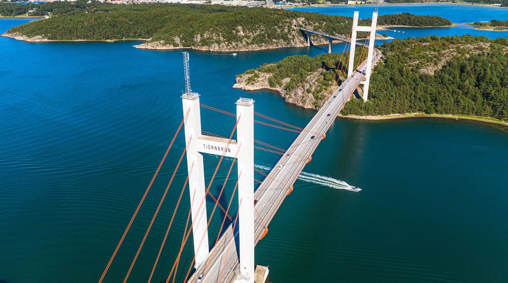 Panoramic aerial view of Tjörnbron suspension bridge with passing cars, Stenungsund, Sweden, Scandinavia.