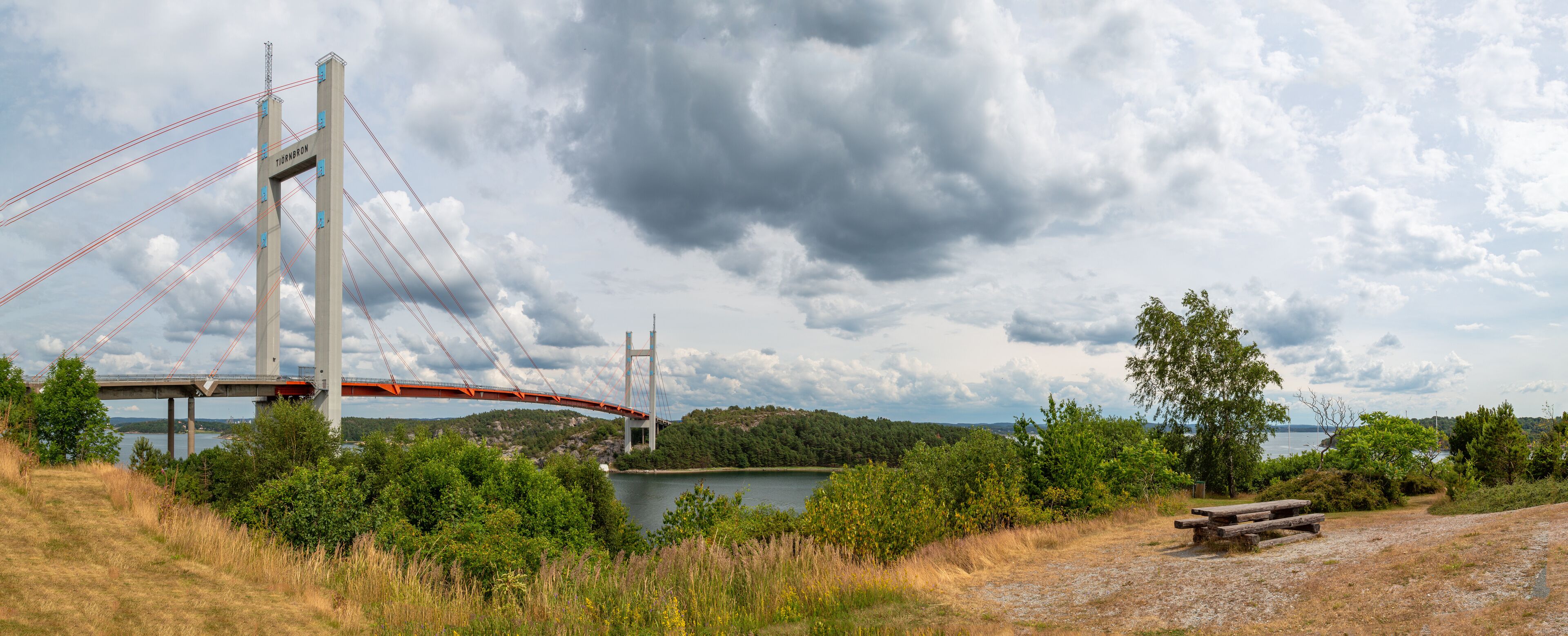 A suspension bridge over a river, surrounded by greenery and a cloudy sky.