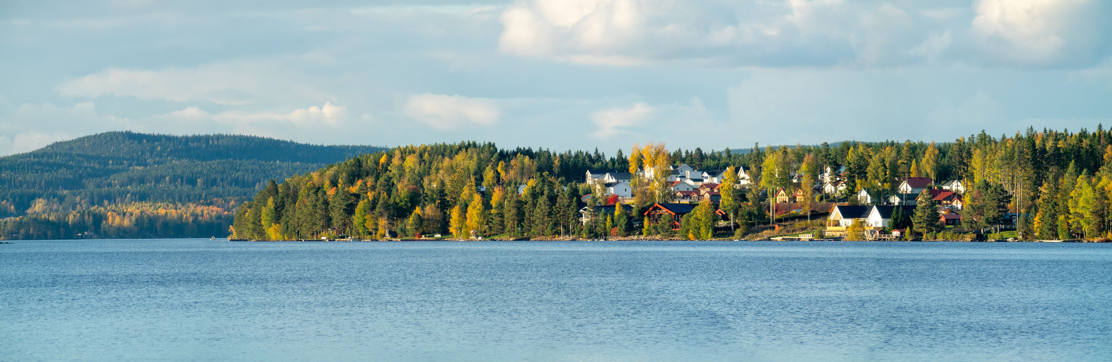 A lakeside village with houses and trees, surrounded by hills.