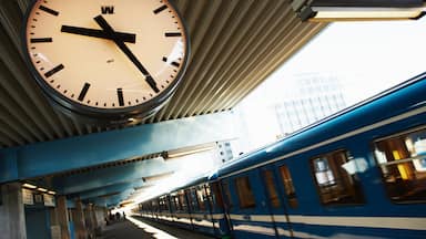 A train station with a clock, platform, and a blue train.