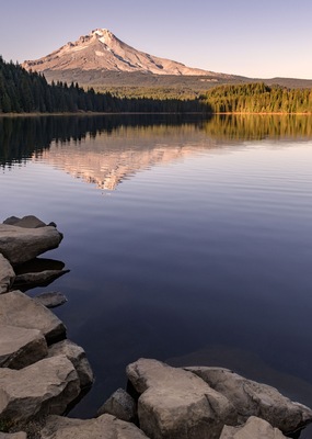 Un lago tranquilo con una montaña al fondo, rodeado de un bosque denso.