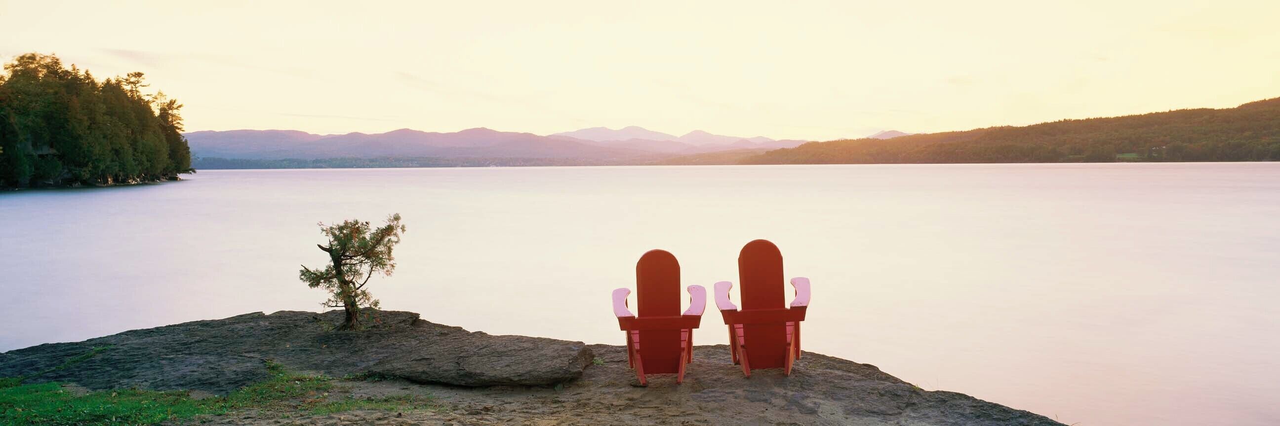 Wooden lawn chairs overlooking Basin Harbor, Vermont