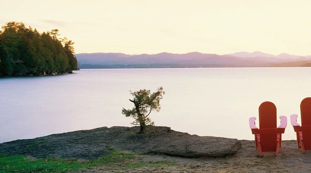 Wooden lawn chairs overlooking Basin Harbor, Vermont