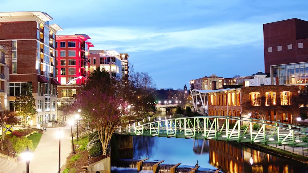 The Eugenia Duke bridge over the Reedy River in picturesque downtown Greenville SC , featuring Falls Park, walking paths, shopping and dining