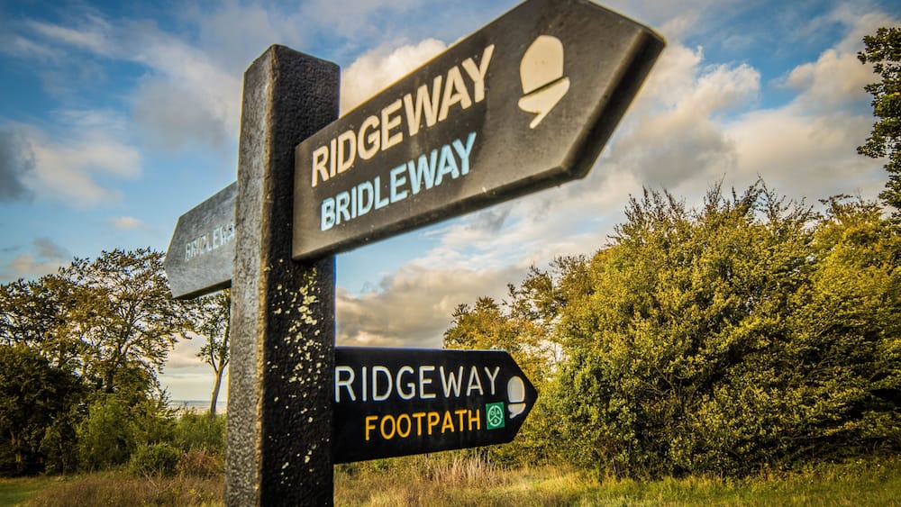 A signpost with directions to Ridgeway and Bridleway, and a footpath symbol.