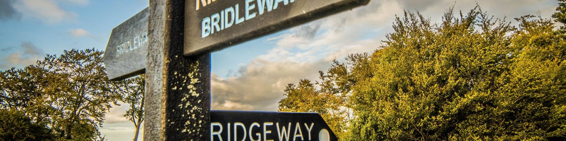 A signpost with directions to Ridgeway and Bridleway, and a footpath symbol.