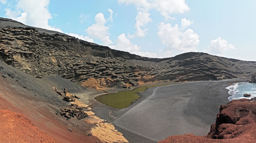Panorama of the Caldera El Golfo and Charco de los Clicos, Lanzarote, Canary Islands, Spain.