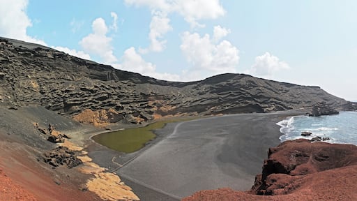 Panorama of the Caldera El Golfo and Charco de los Clicos, Lanzarote, Canary Islands, Spain.