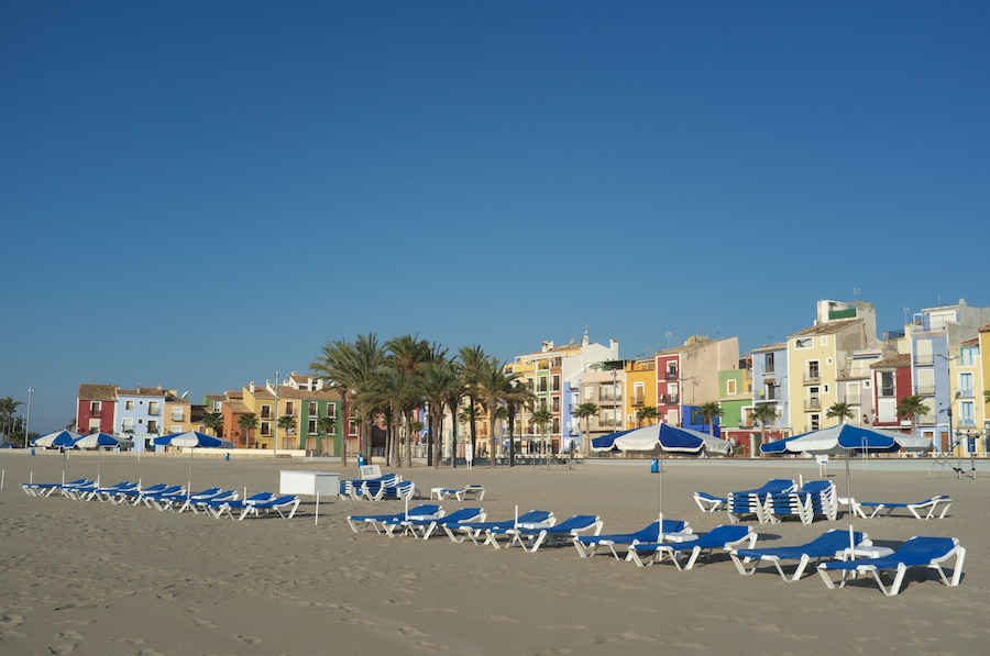 Villajoyosa beach against the background of the old fishing district