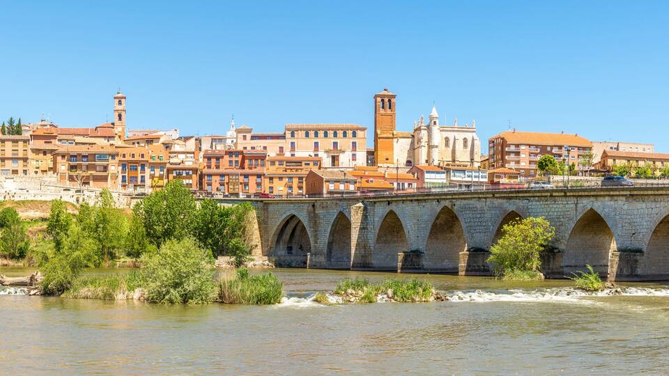 A stone bridge over a river with buildings and a tower in the background.