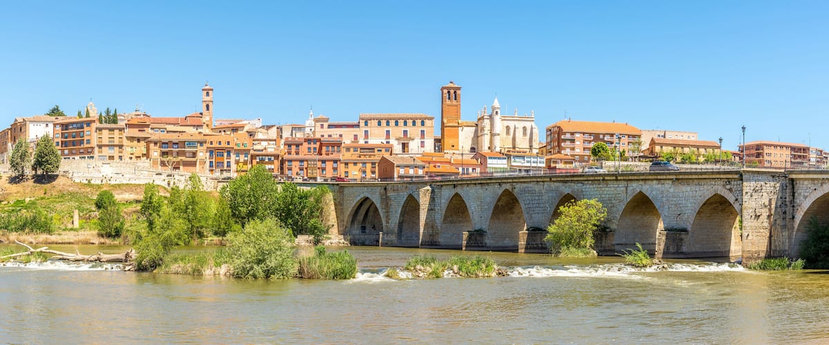 A stone bridge over a river with buildings and a tower in the background.