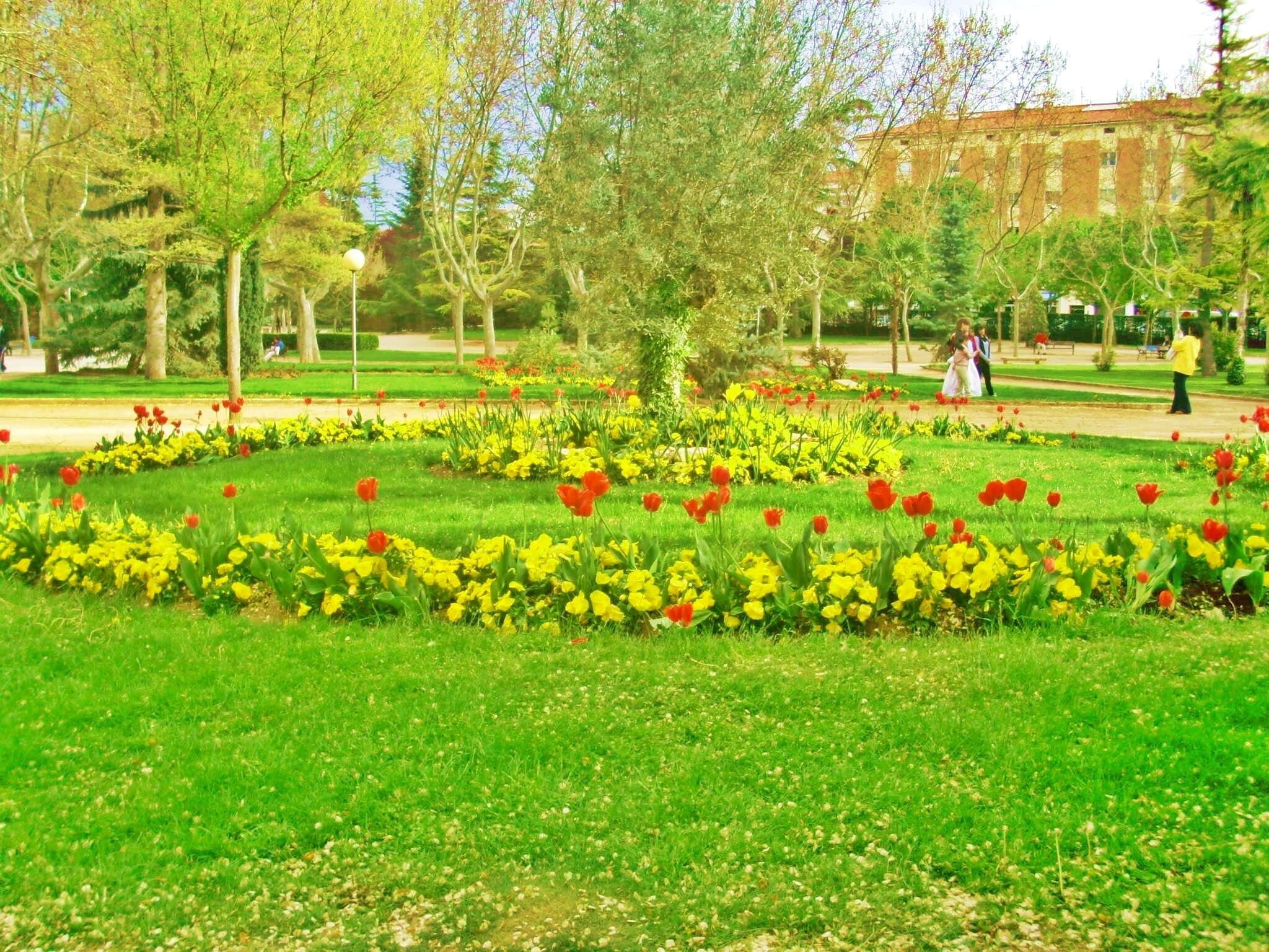 Un parque con parterres de flores, árboles y un edificio al fondo.