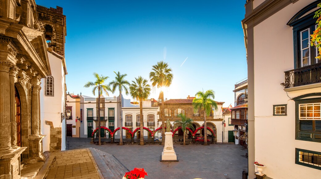 Central square in old town with Salvador church and monument in Santa Cruz de la Palma in Spain