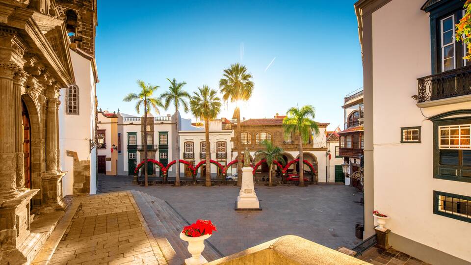 A historic plaza with cobblestone pavement, palm trees, and ornate buildings with balconies.