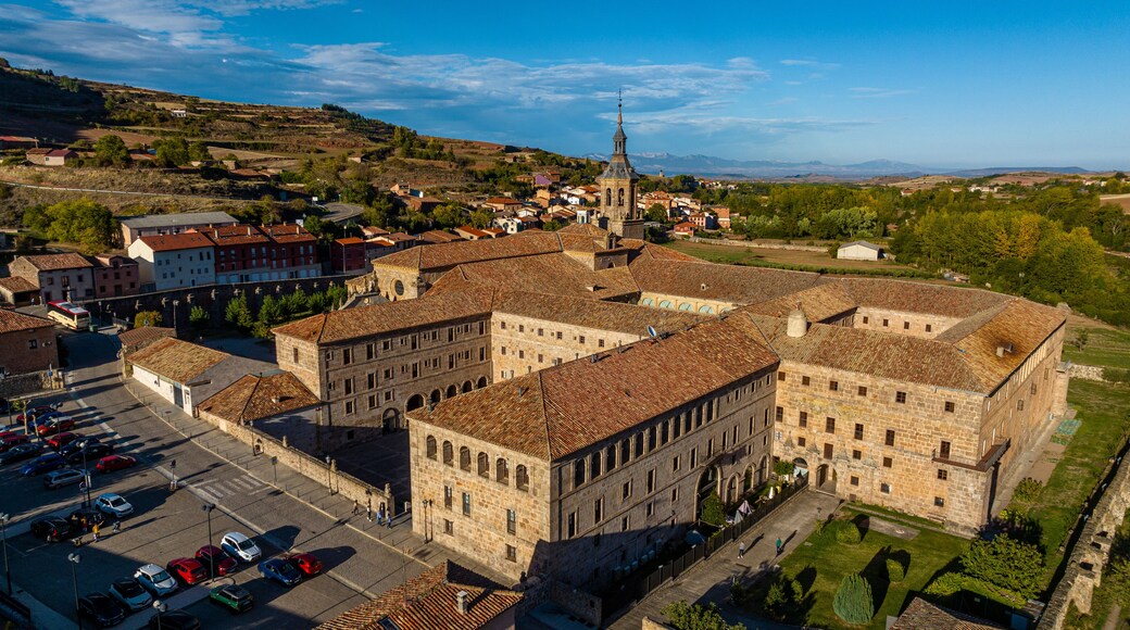 Aerial of the Yuso Monastery, UNESCO World Heritage Site, Monasteries of San Millan de la Cogolla, La Rioja, Spain, Europe