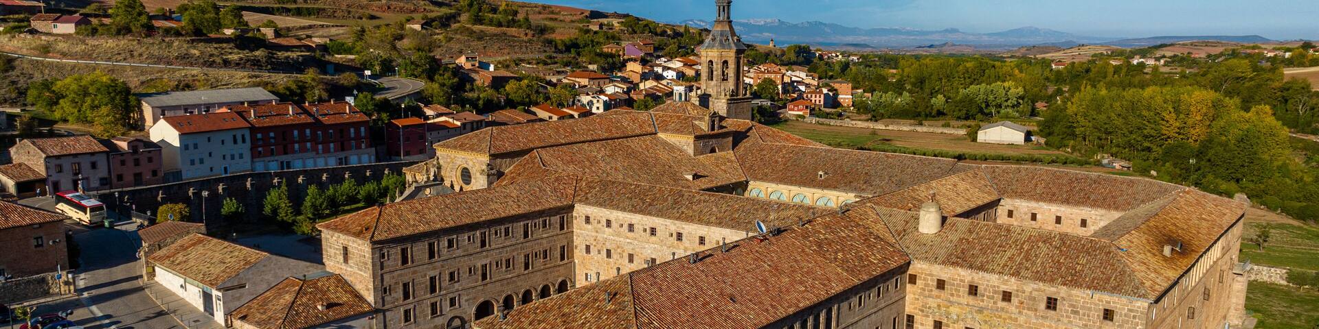 Aerial of the Yuso Monastery, UNESCO World Heritage Site, Monasteries of San Millan de la Cogolla, La Rioja, Spain, Europe