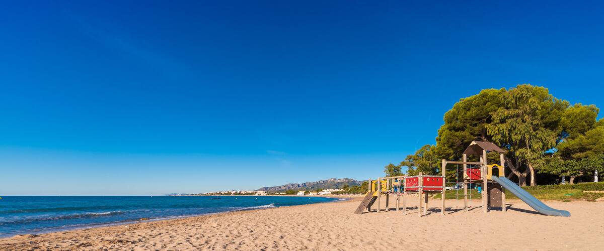 A beach with a playground, clear blue sky, and a large tree.