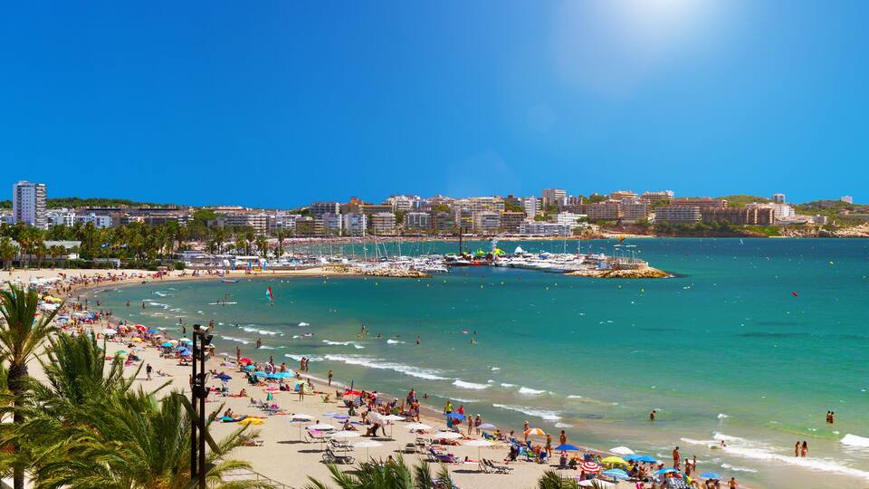 A coastal cityscape with a beach, palm trees, and a marina.