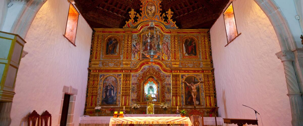 An ornate church interior with a high, vaulted ceiling and a central altar.