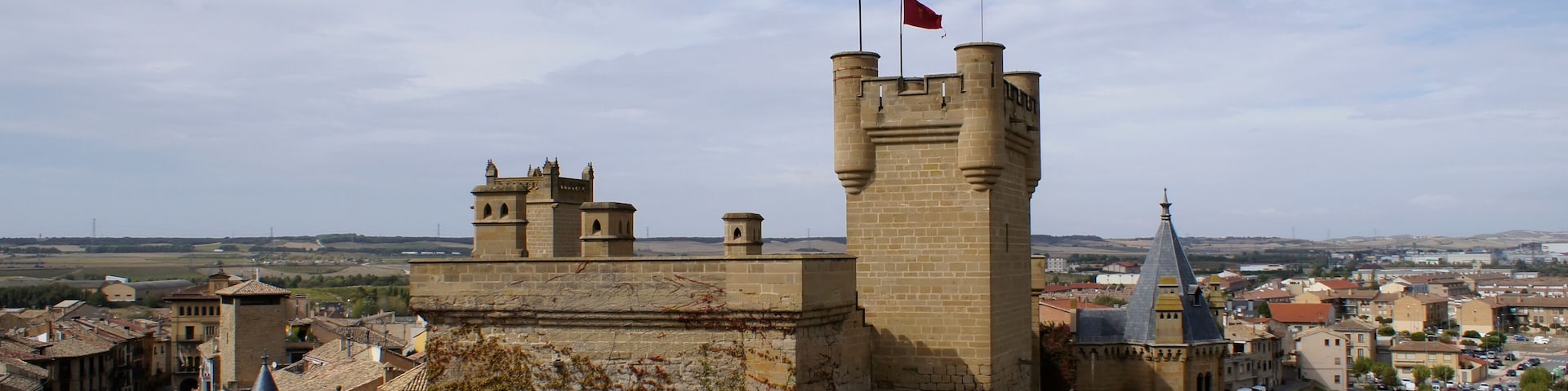 A historic castle with multiple towers, a red flag on top, and a surrounding town with traditional architecture.