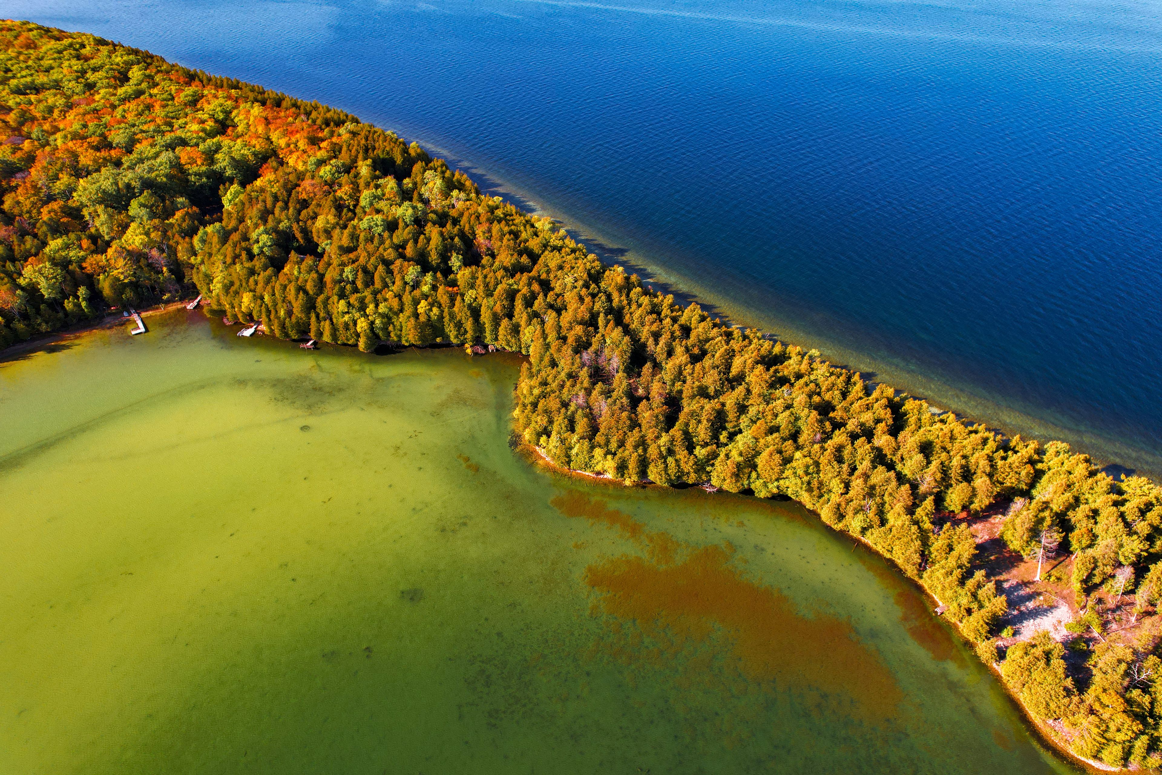 Wisconsin lake in the fall, drone footage