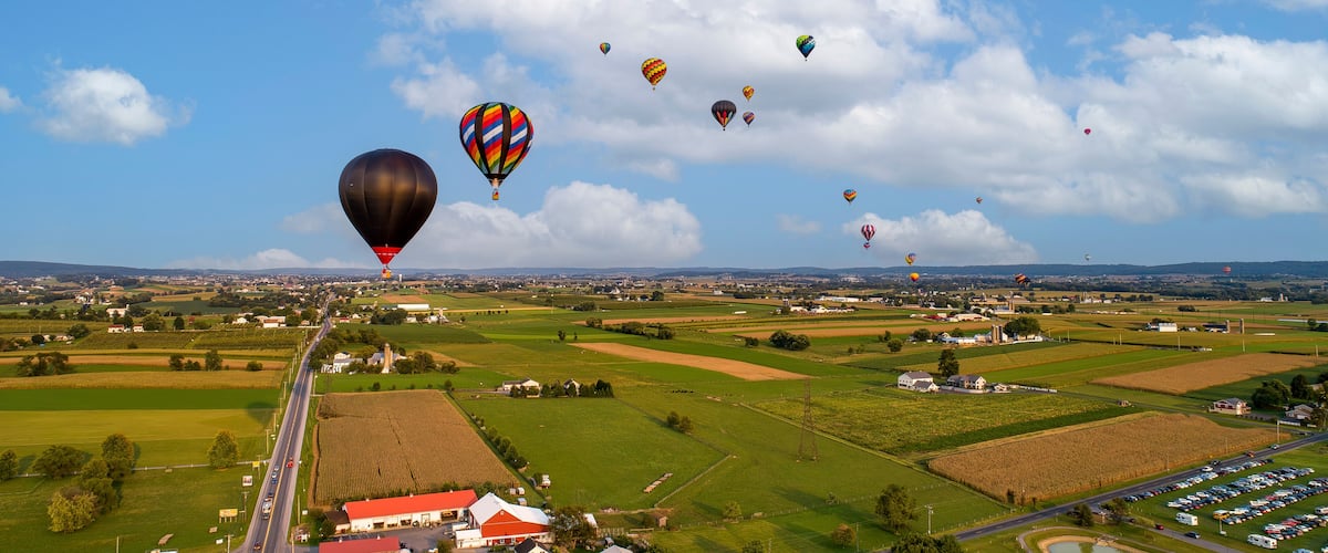 A landscape with fields, a road, and hot air balloons in the sky.